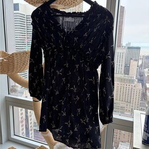 Girls Dark Navy Long-Sleeve Bow Print Dress